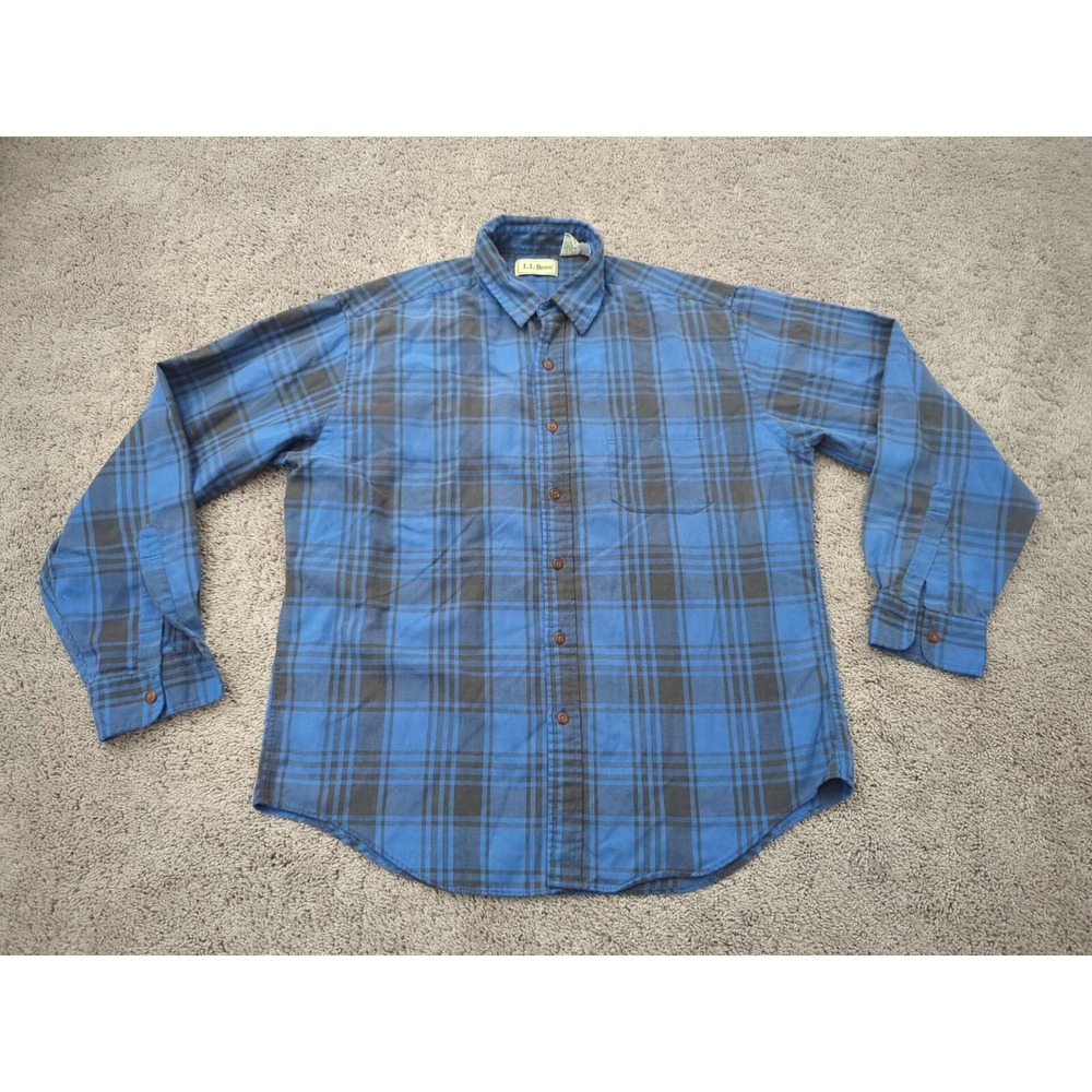 Vintage LL Bean Button Up Shirt Mens Large Blue‎ Plaid Made in Hong Kong